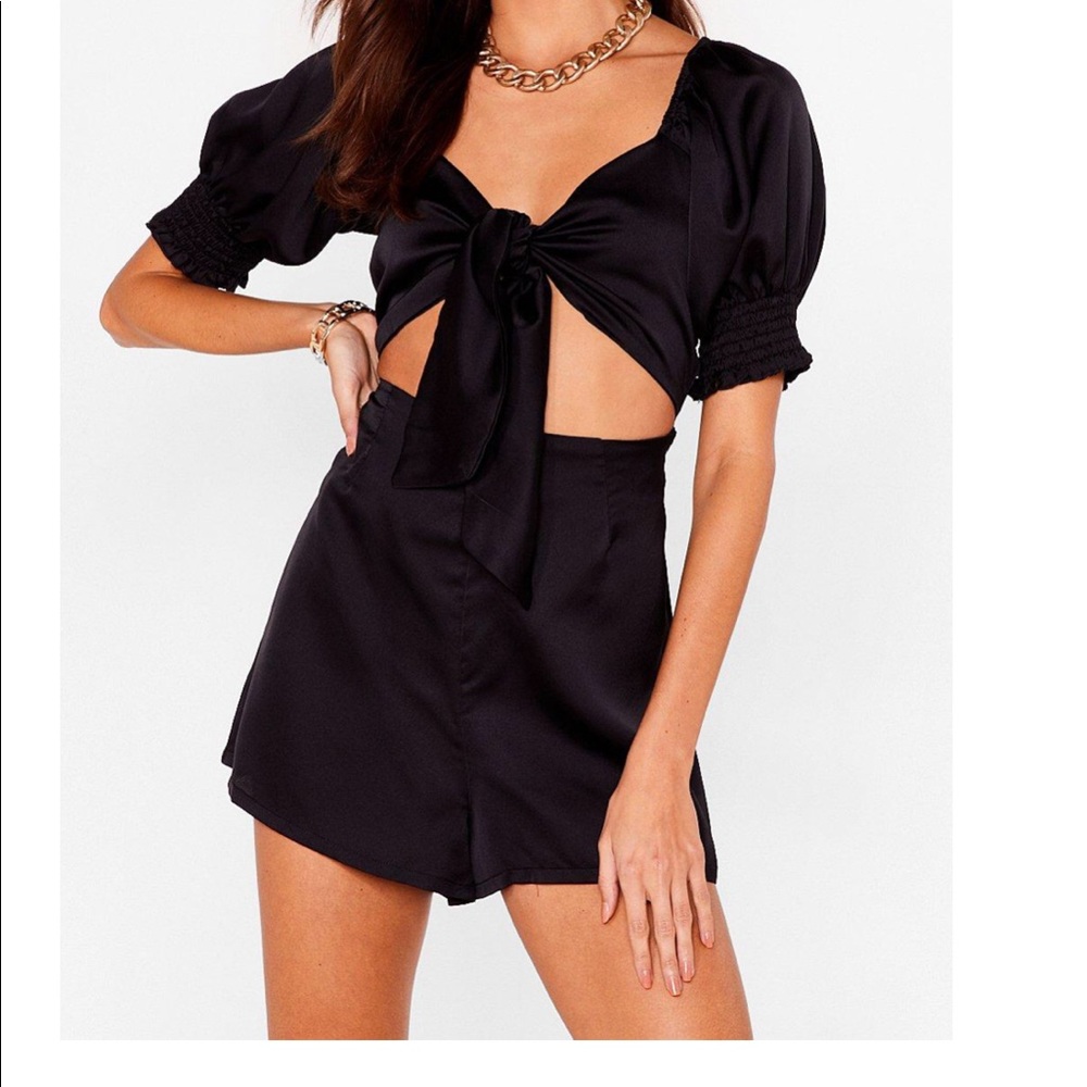Sleek of love satin puff sleeve romper nasty gal